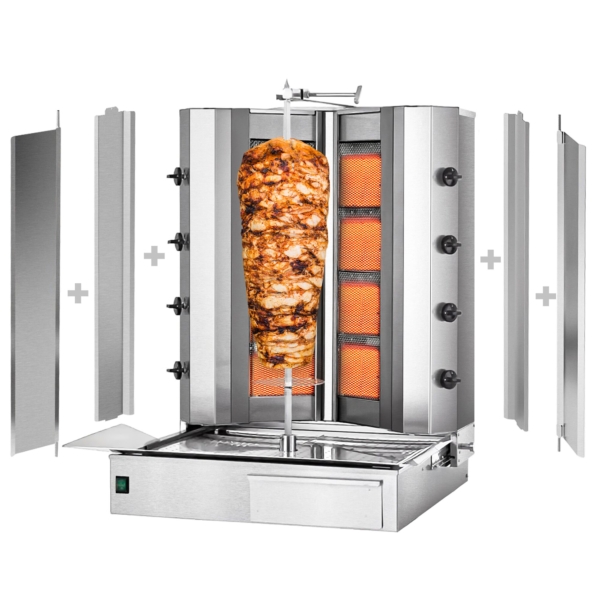 Grill gyros/döner à gaz - forme en V - 4+4 brûleurs - max. 100 kg - Portes battantes incluses