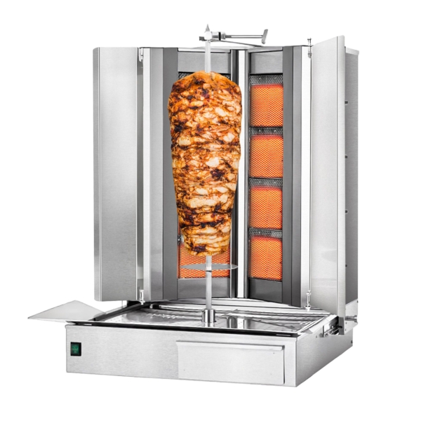 Grill gyros/döner à gaz - forme en V - 4+4 brûleurs - max. 100 kg - Portes battantes incluses