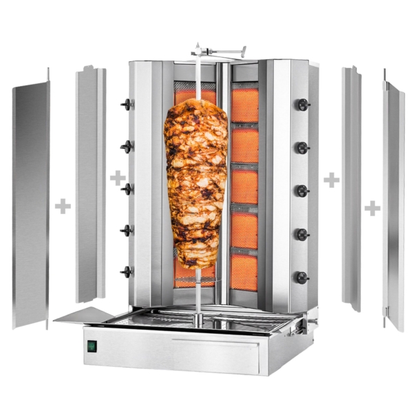 Grill gyros/döner à gaz - forme en V - 5+5 brûleurs - max. 120 kg - Portes battantes incluses