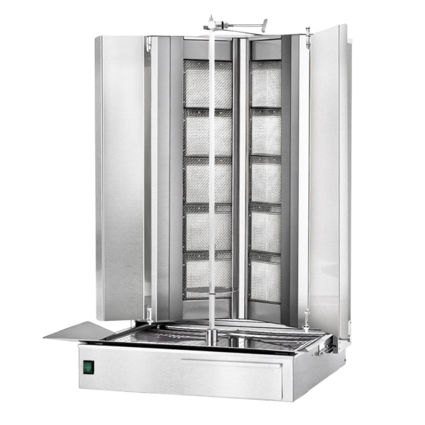 Grill gyros/döner à gaz - forme en V - 5+5 brûleurs - max. 120 kg - Portes battantes incluses