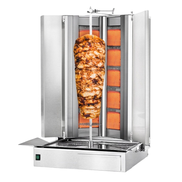 Grill gyros/döner à gaz - forme en V - 5+5 brûleurs - max. 120 kg - Portes battantes incluses