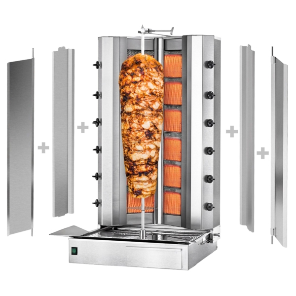 Grill gyros/döner à gaz - forme en V - 6+6 brûleurs - max. 150 kg - Portes battantes incluses