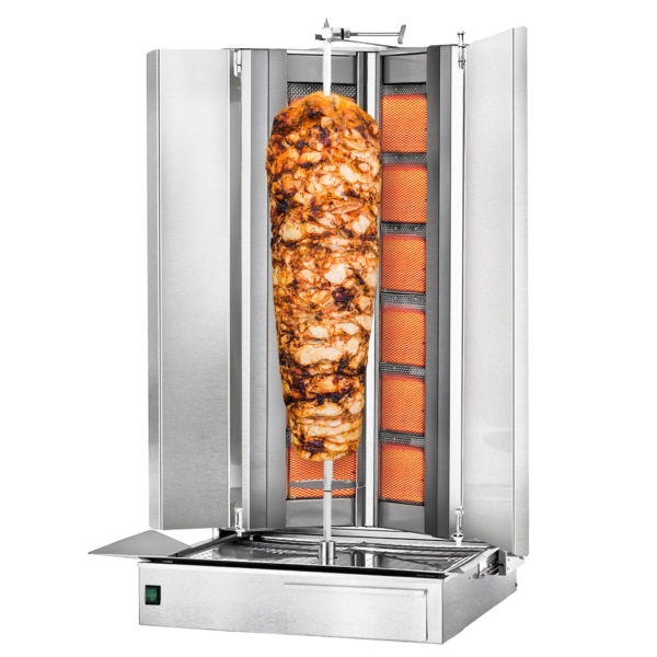 Grill gyros/döner à gaz - forme en V - 6+6 brûleurs - max. 150 kg - Portes battantes incluses