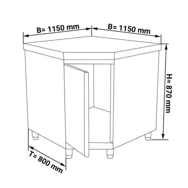 Armoire de travail d'angle en inox PREMIUM avec porte battante sans rebord 1150x800mm