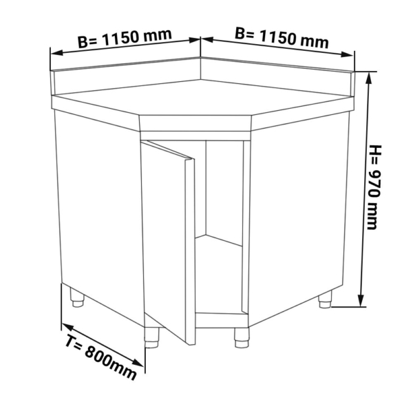 Armoire de travail d'angle en inox PREMIUM avec porte battante & rebord 1150x800mm