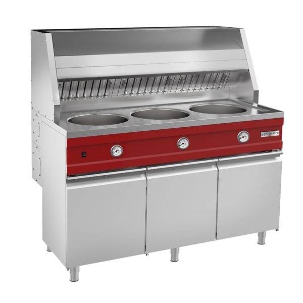 Friteuse à gaz - ronde - 3x 13 litres - 51 kW - hotte et bac à frites inclus