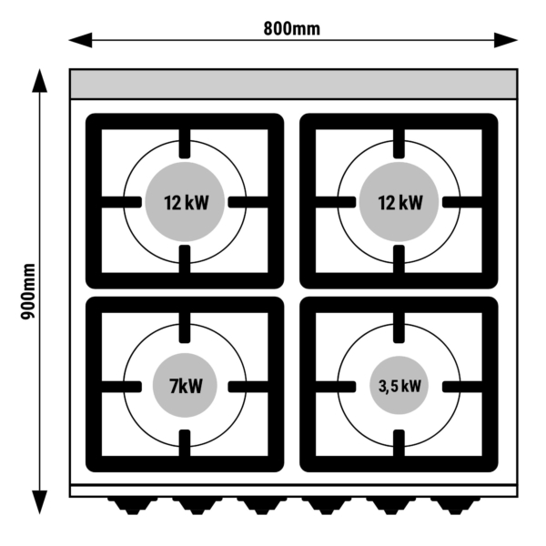 Cuisinière à gaz - 34,5 kW - 4 brûleurs - Four électrique statique inclus - 7,5 kW