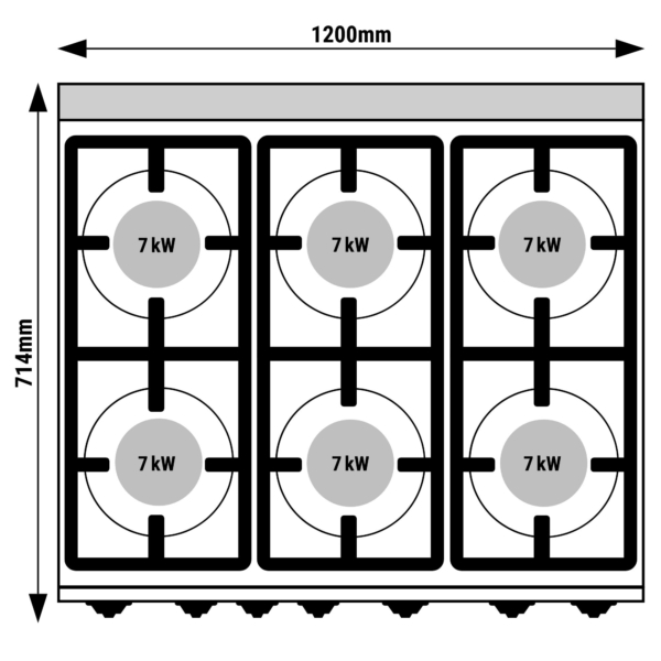 Cuisinière à gaz - 42 kW - 6 brûleurs - incluant un four à gaz statique - 12 kW - Modèle haute performance