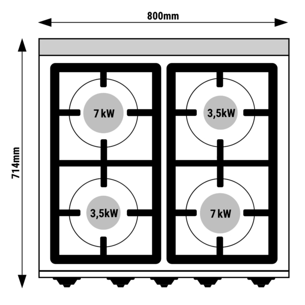 Cuisinière à gaz - 28 kW - 4 brûleurs - Four à gaz statique inclus - 7,8 kW