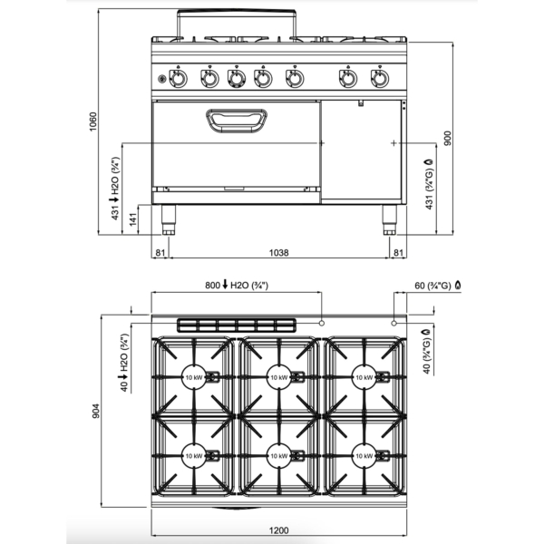 Cuiseur à gaz - avec 6 brûleurs - 60 kW - incluant un four à gaz - 7,8 kW - modèle haute performance