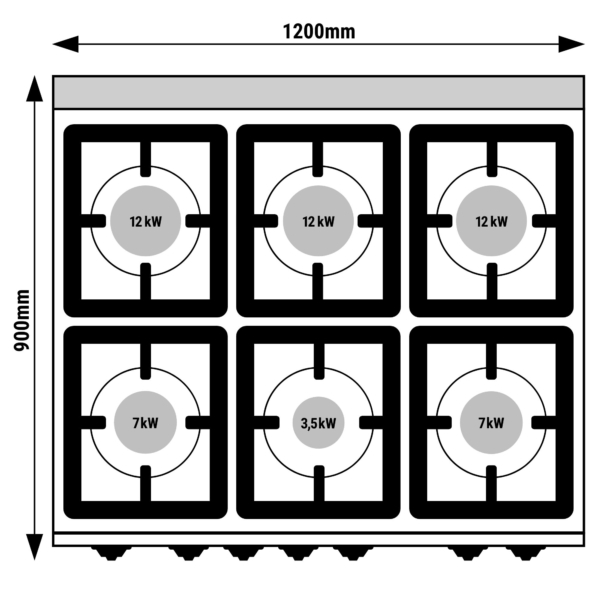 Cuisinière à gaz - 53,5 kW - 6 brûleurs - Four à gaz inclus - 12 kW