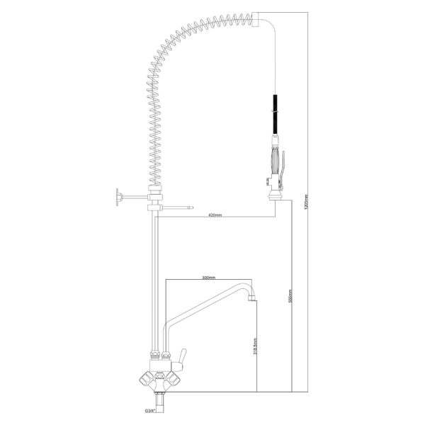 Douche à vaisselle monotrou 2000 - avec mitigeur, robinet pivotant & 2 vannes mélangeuses