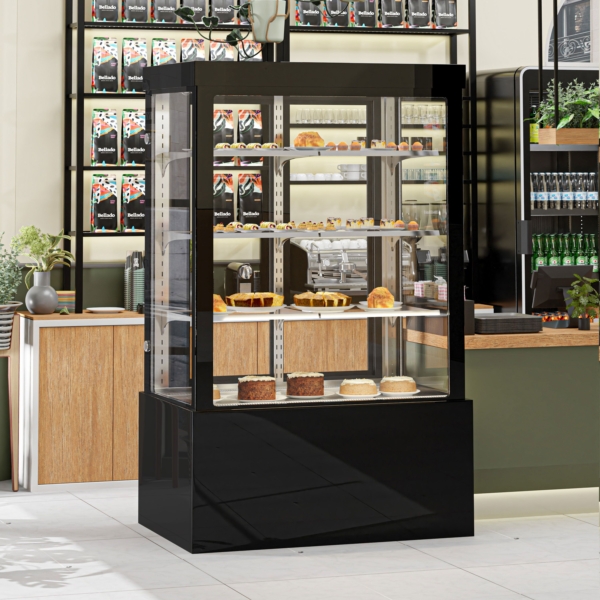 Vitrine à pâtisserie - 1200mm - avec éclairage LED, 3 étagères & Façade miroir - Noir