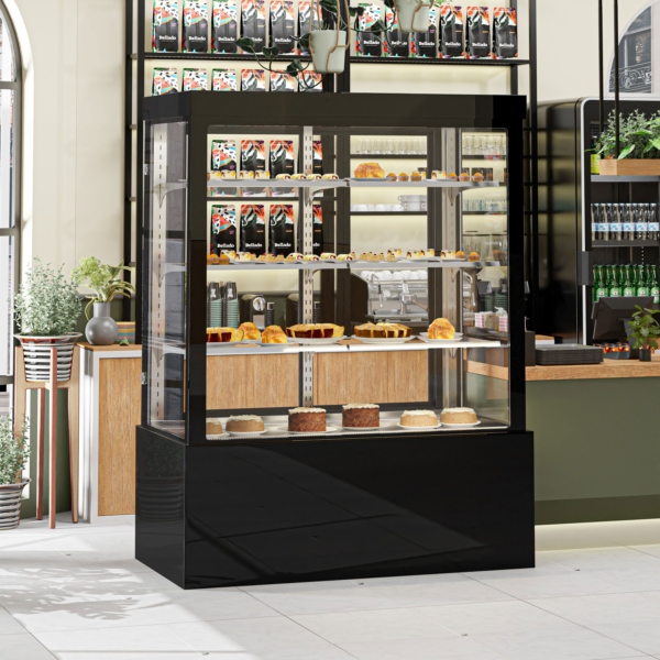 Vitrine à gâteaux - 1500mm - avec éclairage LED, 3 étagères & Façade miroir - Noir