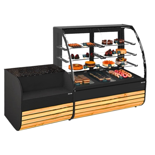 Vitrine à pâtisserie - 1540mm - Façade en bois - avec éclairage LED & 3 étagères - Table de caisse 1100mm incluse