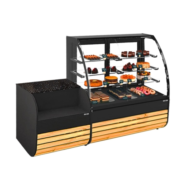 Vitrine à gâteaux - 1580mm - Façade en bois - avec éclairage LED & 3 étagères - Table de caisse 800mm incluse