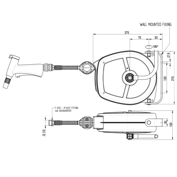 Enrouleur de tuyau - 5m - avec boîtier, douchette de lavage & pistolet nito