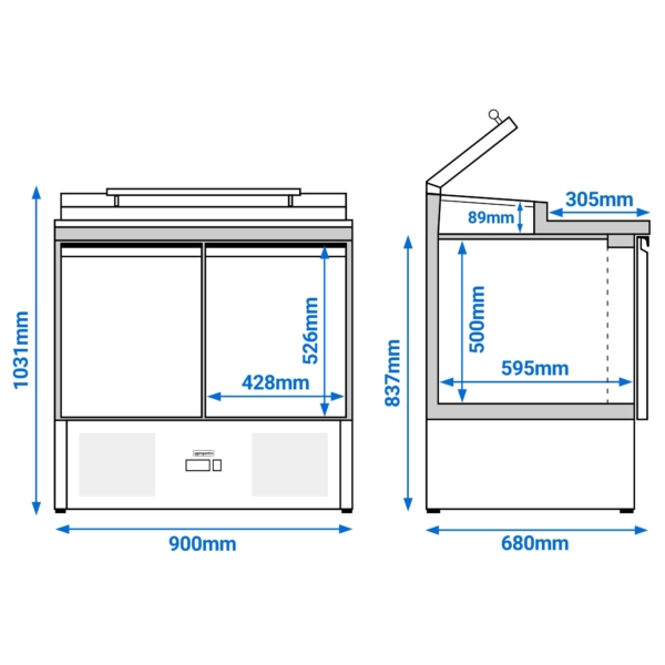 Saladette PREMIUM - 900mm - pour 4x GN 1/3 - Couvercle en verre - 2 portes en verre