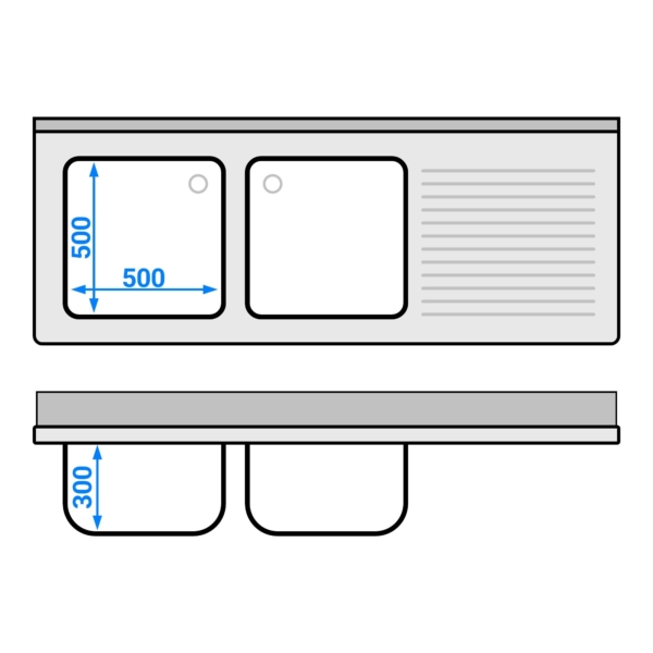 Evier PREMIUM - 1800x700mm - avec fond & 2 bacs à gauche