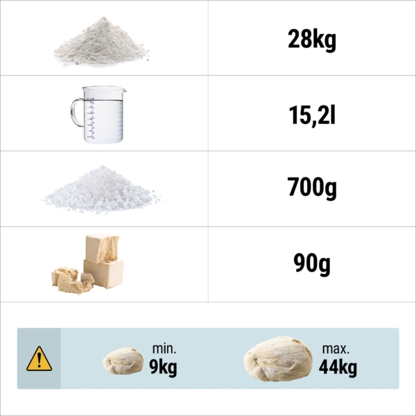 Pétrin à pâte - 53 litres / 44 kg - 2 vitesses - avec cuve fixe - fonction minuterie