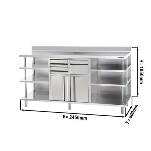 Armoire de travail - pour machine à café - 2450x600mm - avec éjecteur, 2 tiroirs, 2 portes & rebord