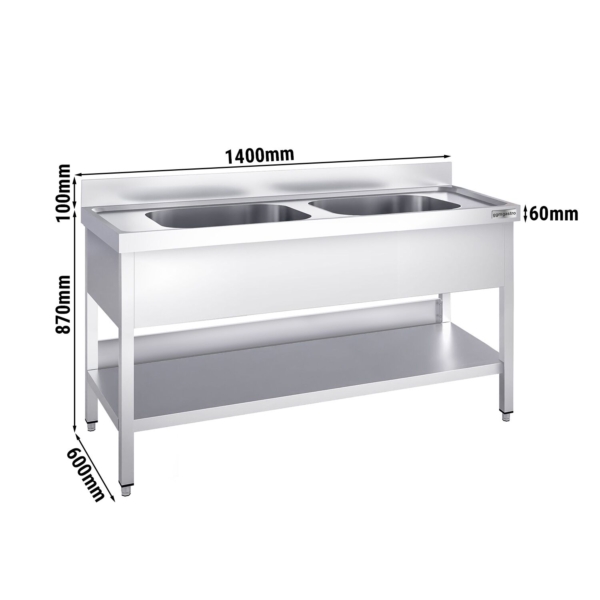 Evier PREMIUM - 1400x600mm - avec fond & 2 cuves au centre