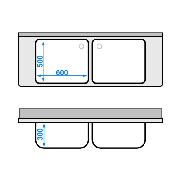 Evier PREMIUM - 1600x600mm - avec fond & 2 bacs au centre