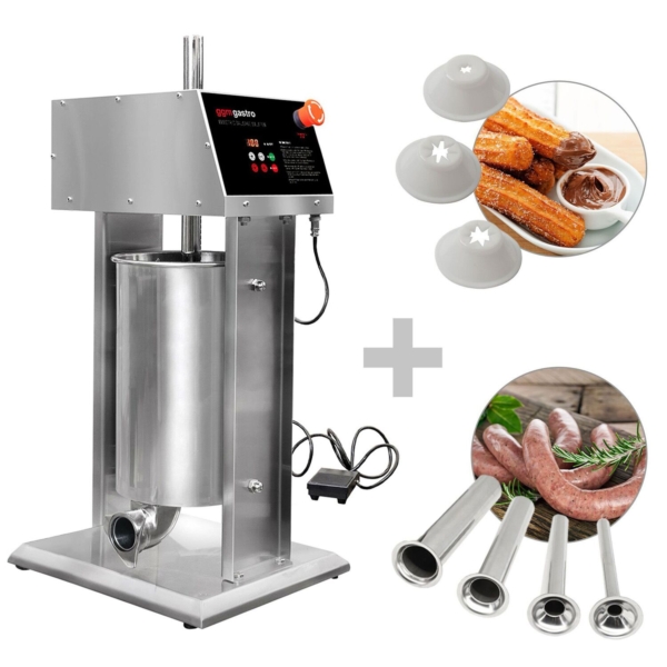 Machine à saucisses et churros électrique - 15 litres - 90 watts - Acier inoxydable - Avec 4 embouts pour saucisses et 3 embouts pour churros