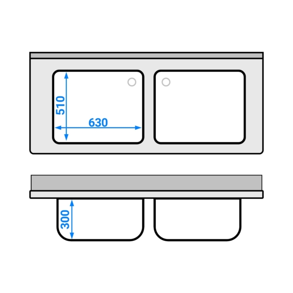 Évier pour casseroles ECO - 1600x700 mm - avec fond et 2 bacs