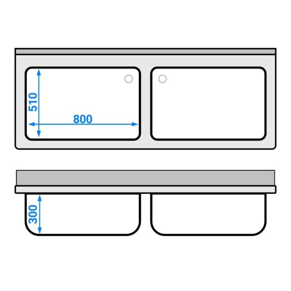 Évier pour casseroles ECO - 1800x700 mm - avec fond et 2 bacs