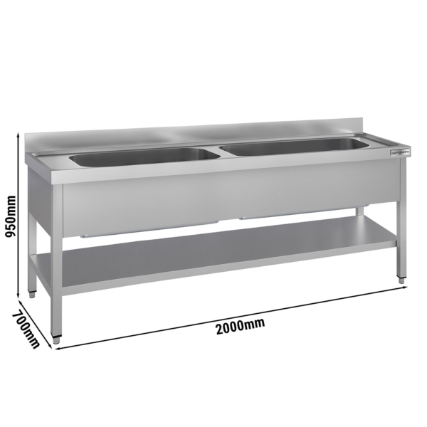 Évier pour casseroles ECO - 2000x700 mm - avec fond et 2 bacs