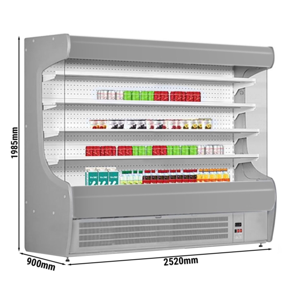 Étagère réfrigérée murale - 2520 mm - avec éclairage LED et 4 étagères - Panneau avant argenté