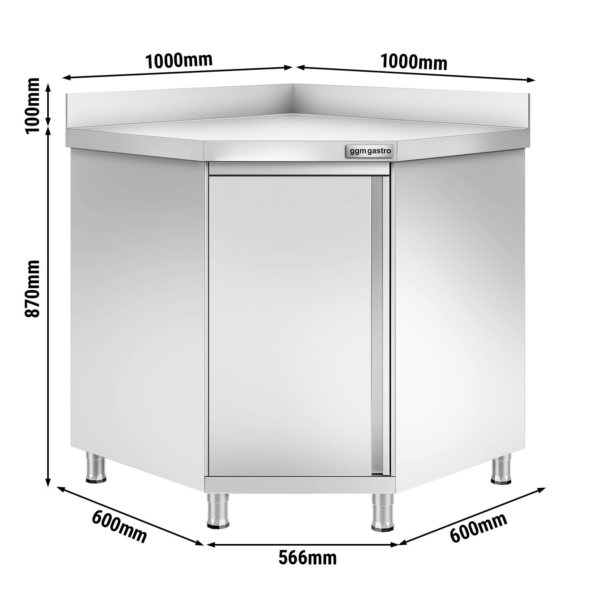 Armoire de travail d'angle en inox PREMIUM avec porte battante & rebord 1000x600mm